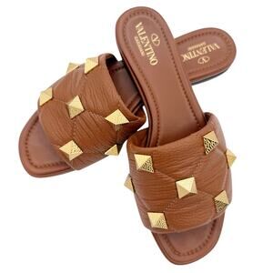 Valentino Roman Stud Quilted Brown Leather Mule Slide Sandals EU 38.5 US US 8.5
